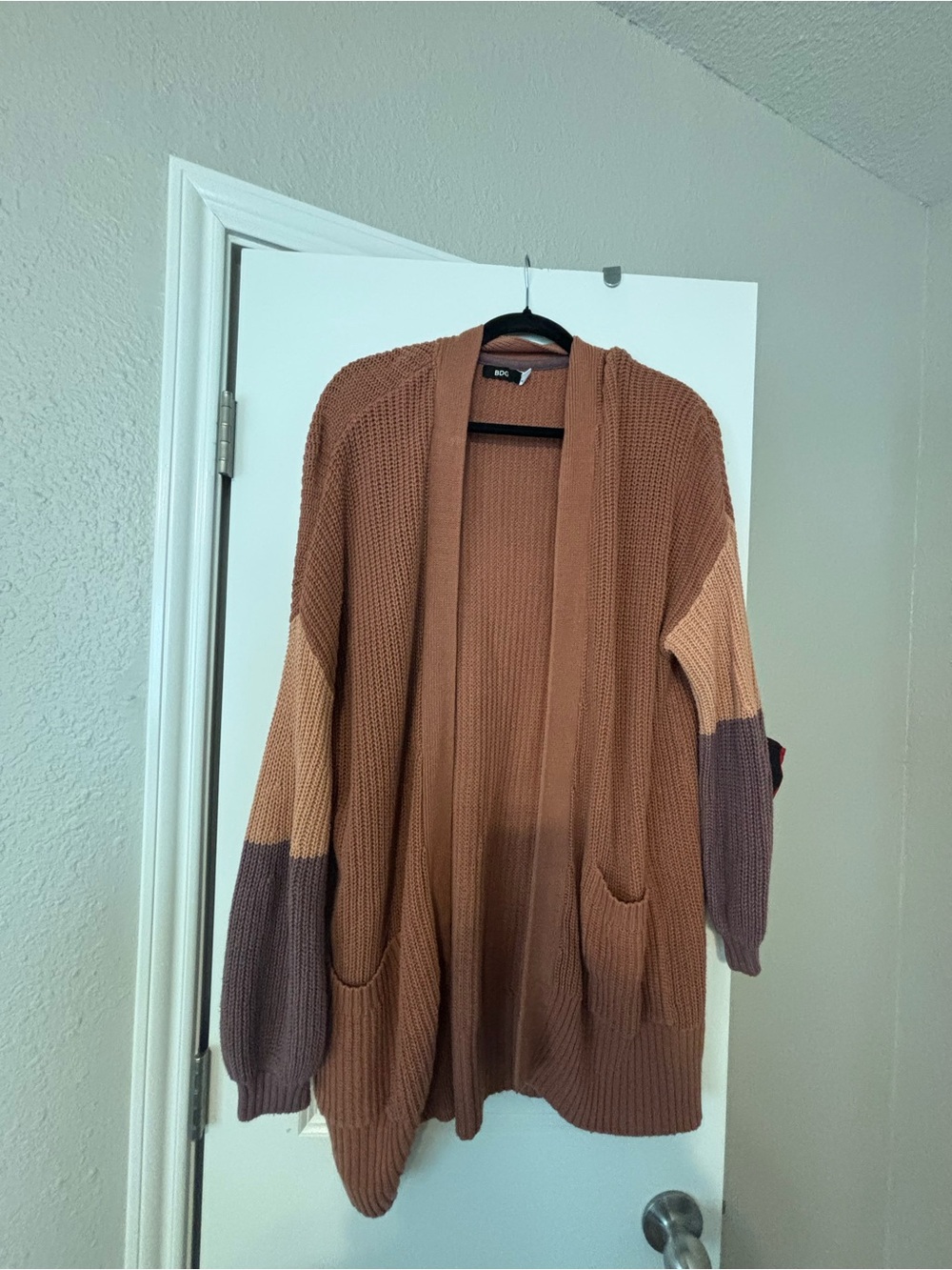 BDG Colorblock Open-Front Knit Cardigan in Brown, Tan & Plum